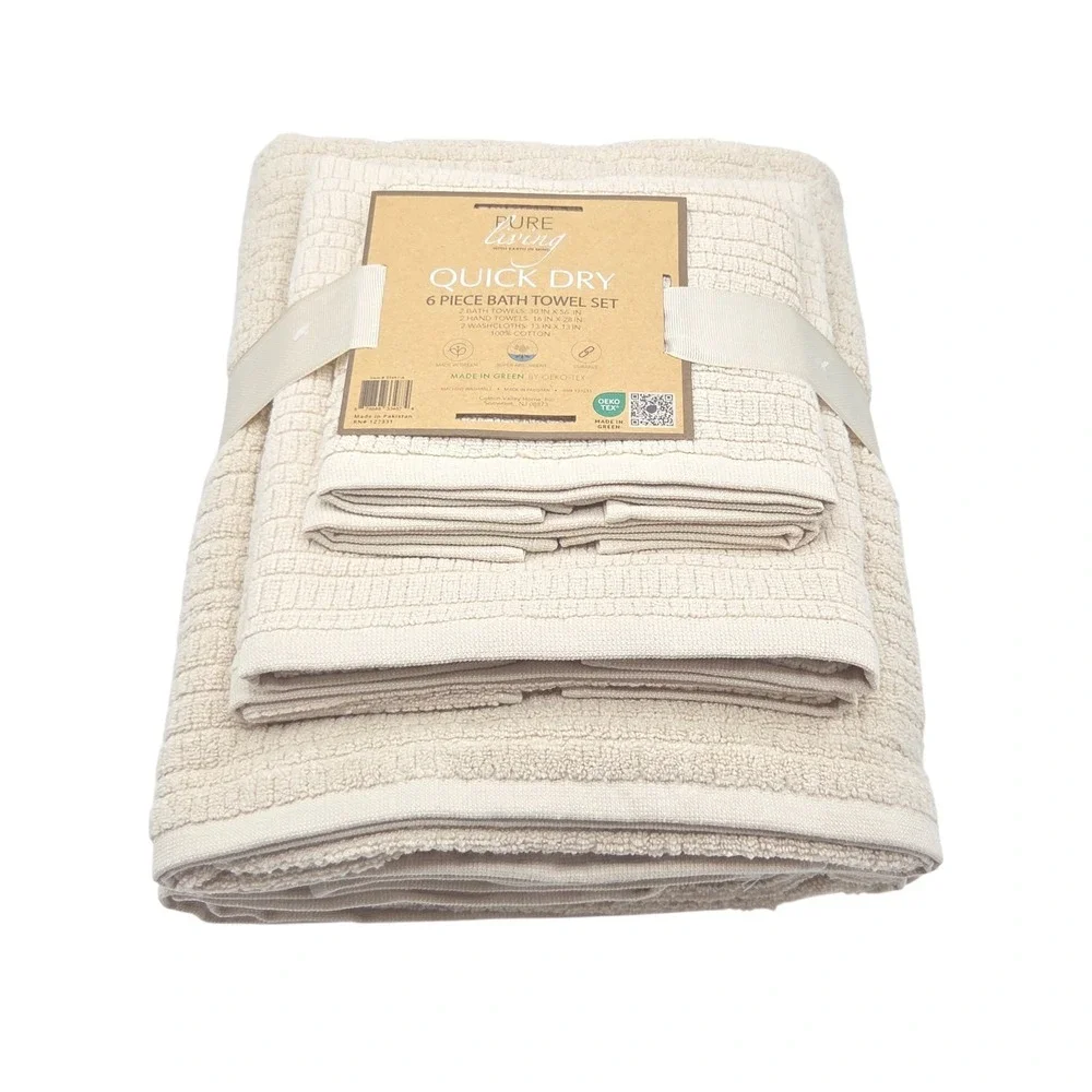 Pure Living 6pc Ecru Raised Cotton Bath Towel Set 2 Bath 2 Hand 2‎ Washcloths